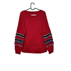 Womens Red Long Sleeve Pullover Fringe Trim Sweatshirt Size L
